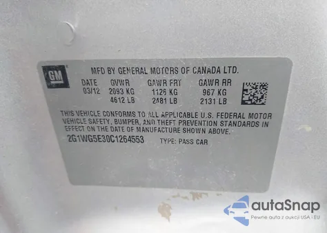 2012 Chevrolet Impala Lt z USA, uszkodzony, nr VIN 2G1WG5E30C1264553